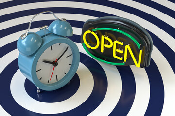 Glowing Open Neon Sign with Alarm Clock on Target Background