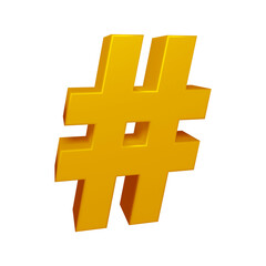 Golden hashtag symbol or icon design in 3d rendering