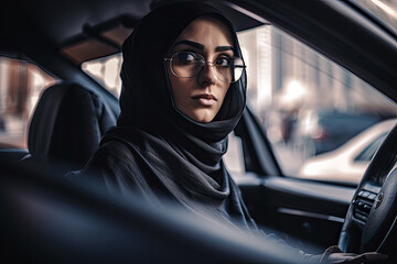 Generative AI Illustration of an Arab woman driving a car. Concept on the prohibition of driving for Arab women and the liberation of women in Islamic countries