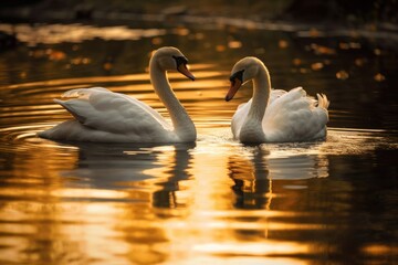 A couple of swans with a watery reflection. Generative AI