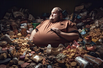 Generative AI Illustration of an obese man surrounded by junk food. Concept on the problem of obesity in the population and poor nutrition - obrazy, fototapety, plakaty