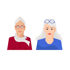 Grandmother, an elderly woman with gray hair. Portrait in a flat style