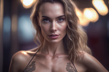 Close up portrait of gorgeous skinny cute lovely her she girl in salon relaxing of aroma sensitive procedure clear clean concept in bra, ai generative
