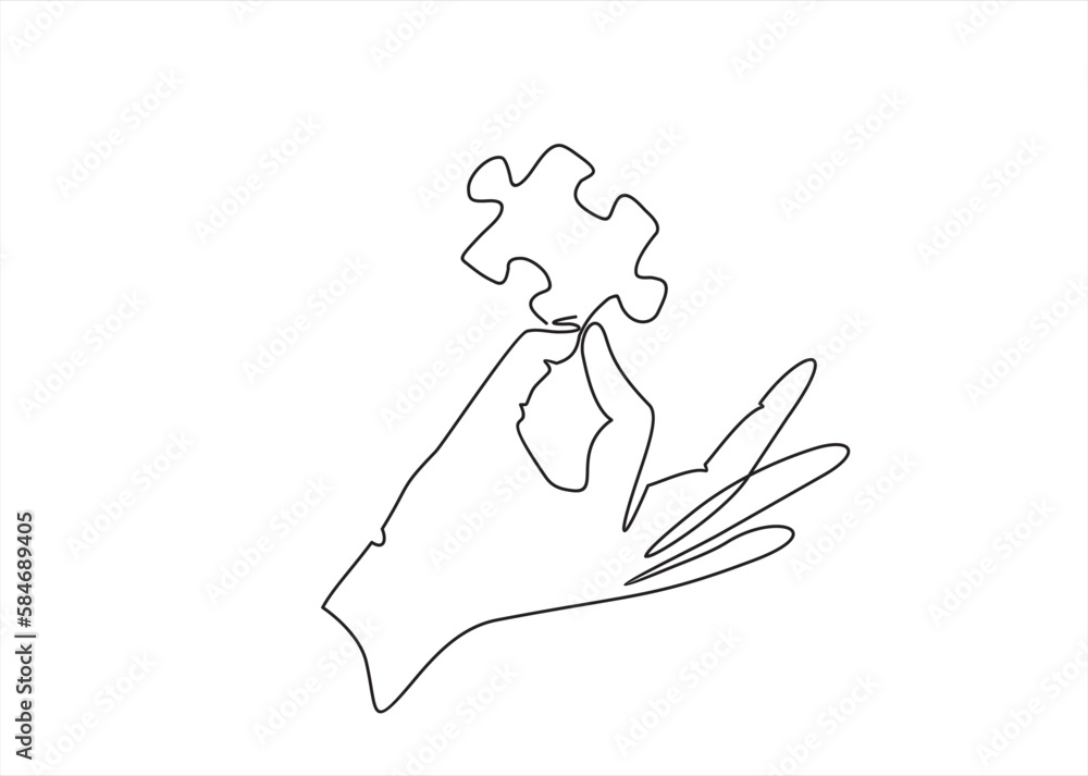 Poster continuous one line drawing of hand and puzzle. business matching - connecting puzzle elements. puzz