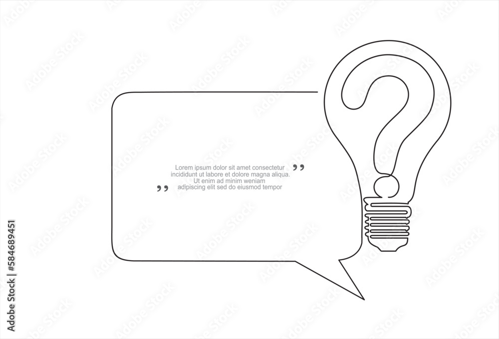 Poster continuous one line drawing of light bulb with a question and speech bubble. trendy line art vector 