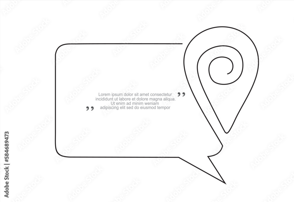 Poster continuous one line drawing of pointing location at map and speech bubble. trendy line art vector on