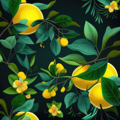 Lemon Fruit Background with green Leaves. Created with Generative AI.