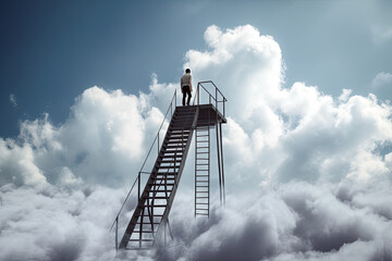 Generative AI Illustration of an unrecognizable person climbing a ladder to heaven in a minimalist and surreal dreamlike image. Conceptual artwork about the world of dreams