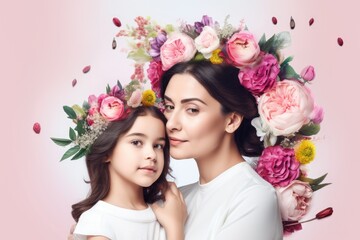 Mother and daughter shopping mall advertisement with flowers - Generative AI illustration