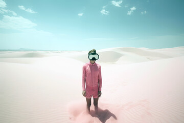 Generative AI Illustration of an unrecognizable man with diving goggles and pink clothes in the middle of the desert in a surreal and dreamlike minimalist environment. Concept about the loneliness 