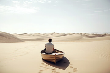 Generative AI Illustration of an unrecognizable man inside a wooden boat in the middle of the desert in a minimalist and surreal dream image. Conceptual artwork about the world of dreams