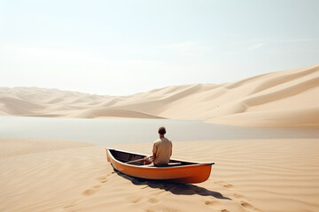 Generative AI Illustration of an unrecognizable man inside a wooden boat in the middle of the desert in a minimalist and surreal dream image. Conceptual artwork about the world of dreams