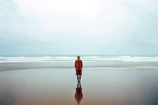 Generative AI Illustration of a man from behind looking at the horizon in a surreal and dreamlike minimalist environment. Concept about the loneliness of the human being