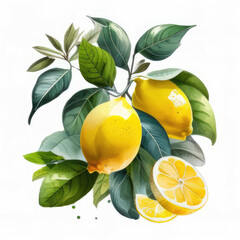 Lemon Fruit with green Leaves on white background. Created with Generative AI.