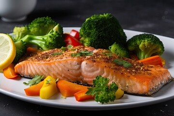 Baked salmon fillet with a veggie mixture of broccoli and white backdrop. Generative AI