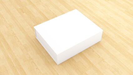 3D rendering of white box. Mock up white cardboard package box. White realistic box mock up for packaging. Blank white product packaging boxes isolated on wooden background.