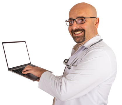 Caucasian middle aged doctor holding laptop transparent png image. Male physician smiling camera. Empty screen notebook, mock up. Clipping path.