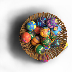 Colored Ukrainian Easter eggs in a woven basket. Looking from the top