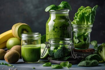 Green health smoothie, kale leaves, lime, apple, kiwi, grapes, banana, avocado, and lettuce in glass jar cups. Copy space Concept of raw, vegan, vegetarian, and alkaline food. Banner. Generative AI