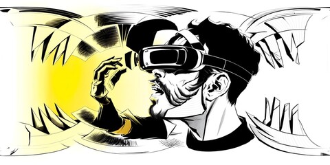Photo of a man wearing a virtual reality headset in a monochromatic artwork