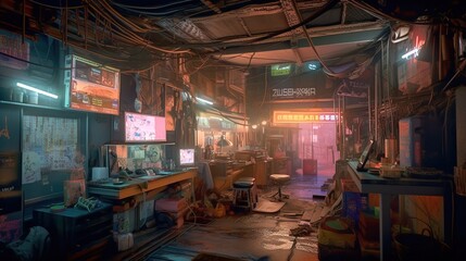 Fototapeta na wymiar Dark futuristic city in the style of cyberpunk. Gloomy street with neon lights and glowing billboards. Beautiful night cyberpunk cityscape. Generative AI illustration.