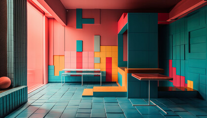 Vibrant Symmetry: A contemporary interior design with geometric shapes