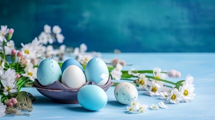 Obraz premium Easter eggs and flowers on wooden planks. Generative AI