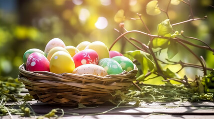 Fototapeta na wymiar Multi colors Easter eggs in the woven basket. Pastel color Easter eggs. Generative AI