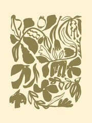 Plakat Matisse art background vector. Abstract natural hand drawn pattern design with flowers, leaves, branches. Simple contemporary style illustrated Design for fabric, print, cover, banner, wallpaper.