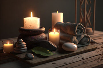 Candles and towels. Spa. AI generative.