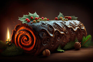 Traditional homemade Christmas cake. Yule log or Buche de Noel. Generative Ai