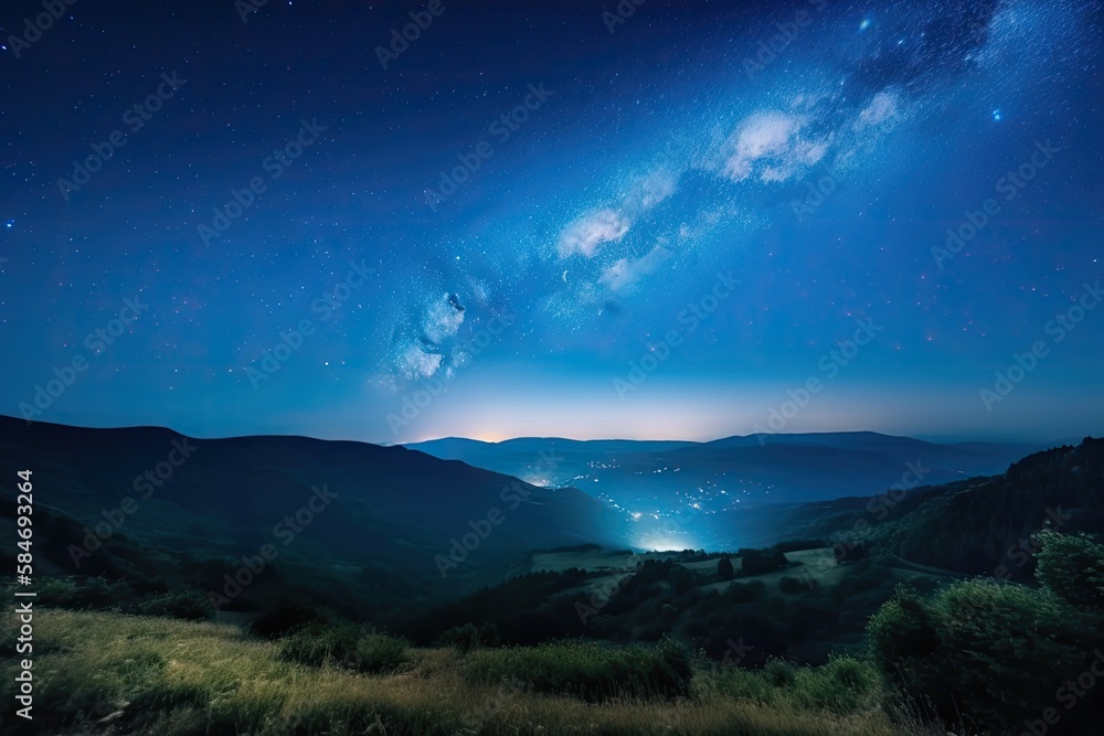 Wall mural landscape with blue milky way. night sky with stars and hills at summer. beautiful universe. amazing