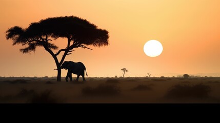 Fototapeta na wymiar Africa sunset and tree and elephant, generative AI