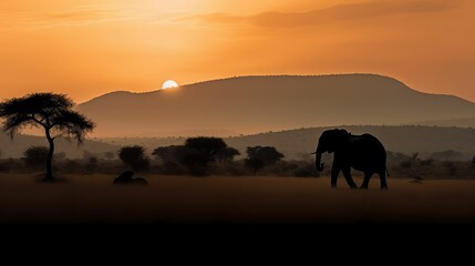 sunset in the desert with an elephant, generative AI