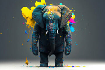 Elephant in a scratchy hoody surrounded by a vivid color bomb explosion background, ultra-realistic rendering, ideal for colorful wall art, home décor, and gifts for animal lovers. Generative AI