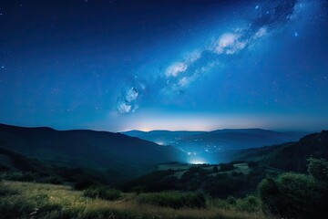 Obraz na płótnie Canvas Landscape with blue Milky Way. Night sky with stars and hills at summer. Beautiful universe. Amazing universe. Space background. Beautiful galaxy. Generative AI