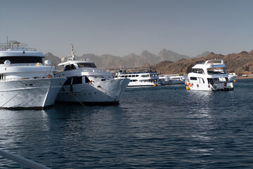 Beautiful white private motor yacht for a boat trip on the Red Sea, Egypt