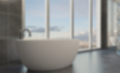 Spacious bathroom in gray tones with heated floors, freestanding. Abstract blur phototography.