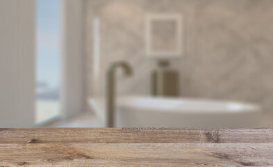 Clean and fresh bathroom with natural light. 3D rendering.. Background with empty wooden table. Flooring.