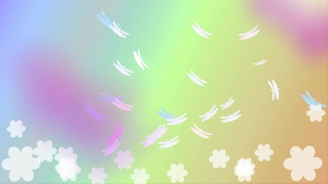 Colorful soft colors background with dragonflies, springtime. Animated
