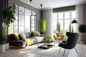 Modern bright interiors apartment living room 3d rendering illustration. Generative Ai