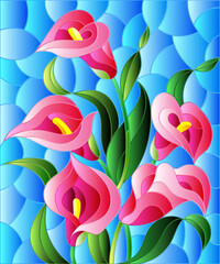 Fototapeta premium Illustration in stained glass style with a bouquet of pink Calla flowers on a blue background, rectangular image