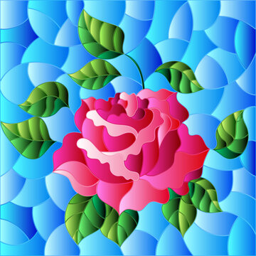 Illustration in stained glass style with a bright pink rose flower on a blue background, rectangular image