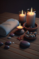 Candles, stones, flower and towels. Spa. Vertical illustration. AI generative.