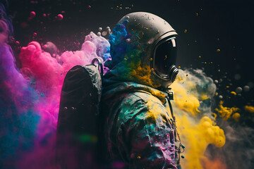 Obraz na płótnie Canvas Astronaut in a scratchy hoody surrounded by a vivid color bomb explosion background, ultra-realistic rendering, ideal for colorful wall art, home décor, and gifts for animal lovers. Generative AI