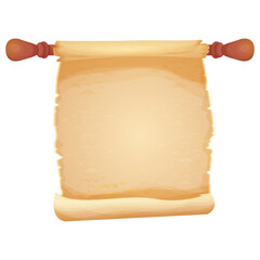 Parchment Scroll, antique paper with wooden handles, empty sheet, document textured, aged in cartoon style isolated on white background.