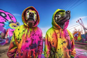 Dogs in a scratchy hoody surrounded by a vivid color bomb explosion background, ultra-realistic rendering, ideal for colorful wall art, home décor, and gifts for animal lovers. Generative AI