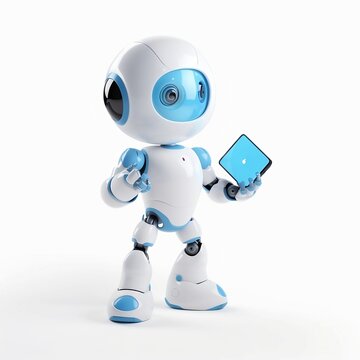 A friendly chatbot character, standing against a plain background. It has a circular body and two arms, one of which is holding a small tablet.