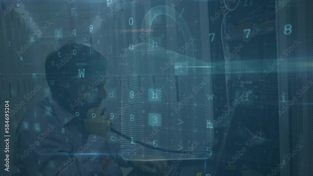 Poster animation of cyber attack text and data processing over caucasian male it technician by server