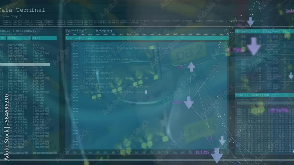 Poster animation of data processing over caucasian male it technician by server